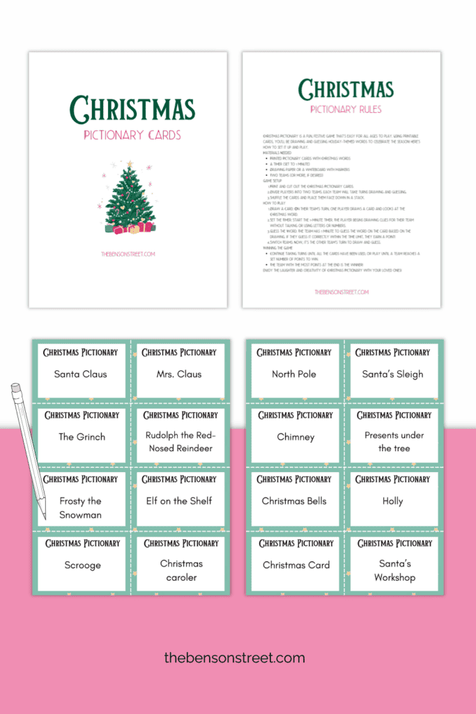 Christmas Pictionary Game with instructions and free printable cards for playing
