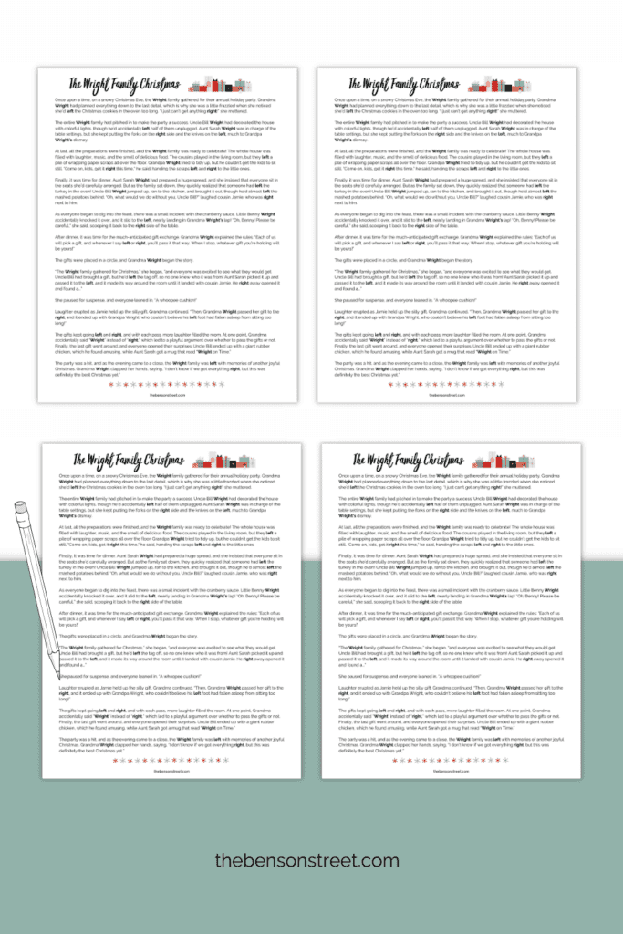 Cute Christmas story for gift exchanges. The Wright Family Christmas Left Right Story for white elephant gift exchanges