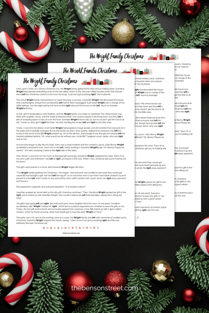 Cute Left Right Story about the Wright Family for white elephant gift exchanges