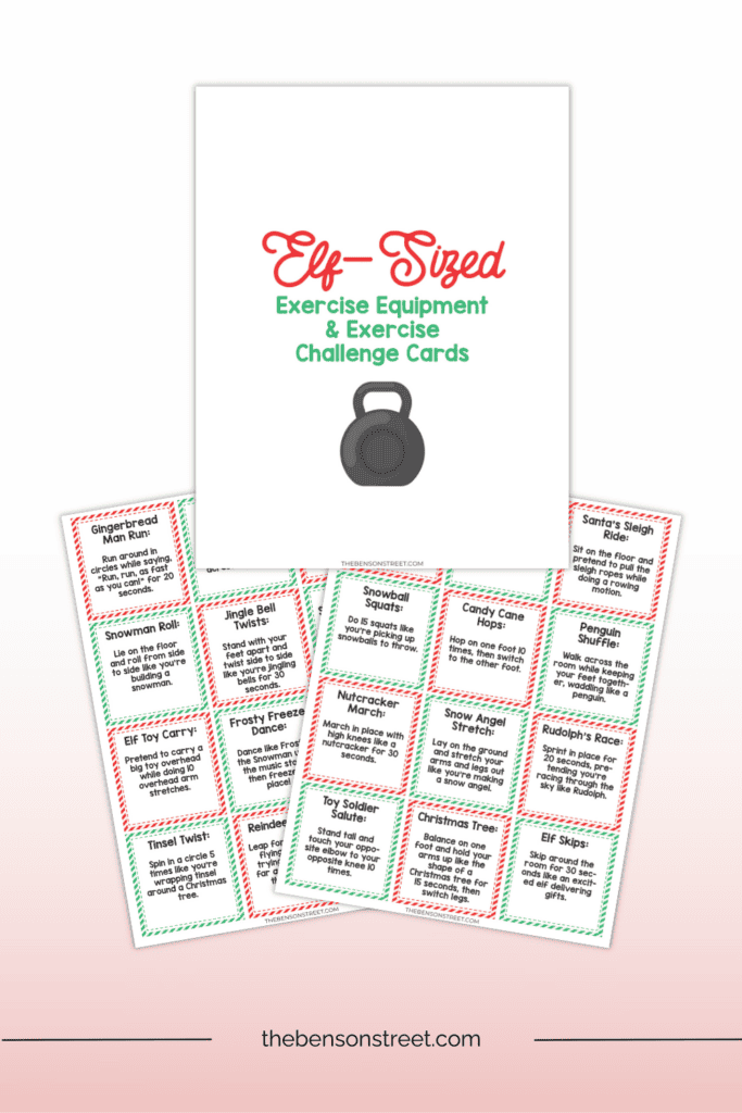 Elf Christmas Themed Exercise Challenge Cards and exercise equipment