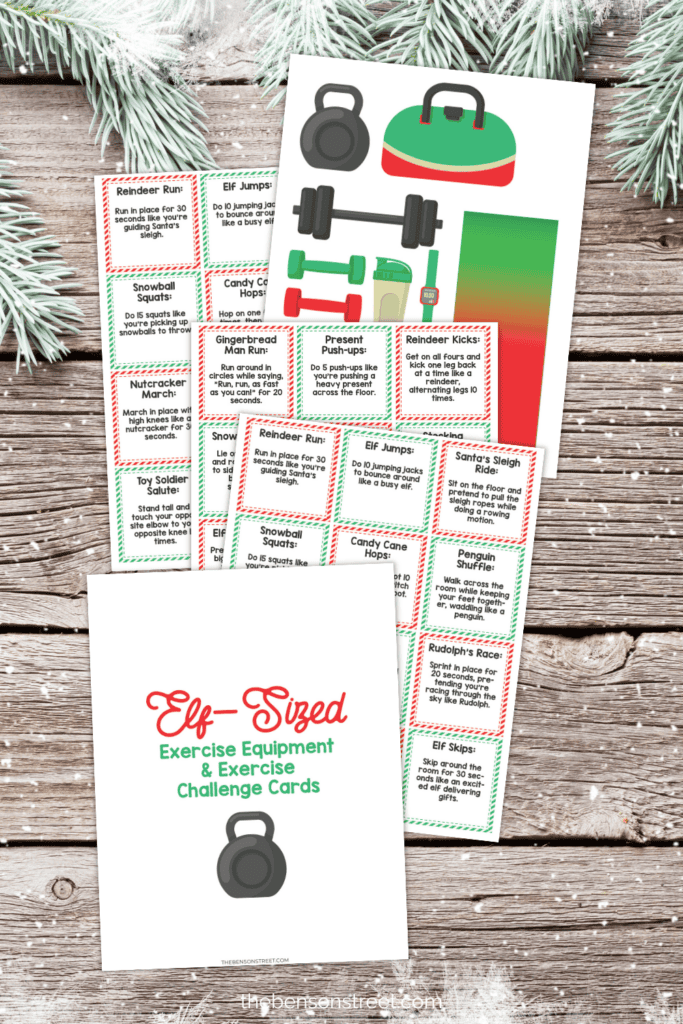 Elf Christmas Themed Exercise Challenge Cards and with elf sized exercise equipment