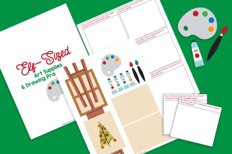 Elf Sized Art Studio Free Printable Props flat lay with some examples cut out