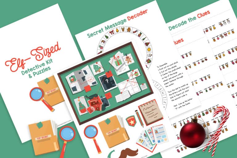 elf sized detective kit with printable props. All pages laid on a table.