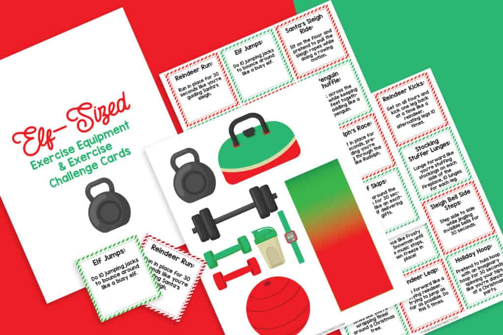 Flat lay of printable exercise equipment props and challenge cards.