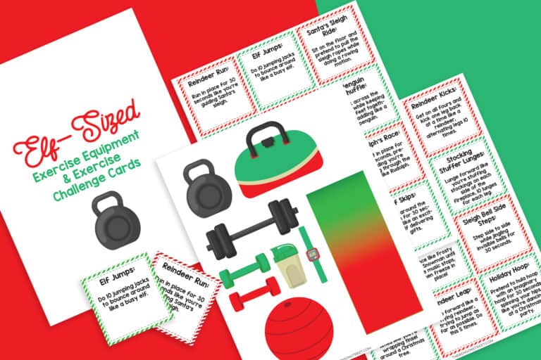 Flat lay of printable exercise equipment props and challenge cards.