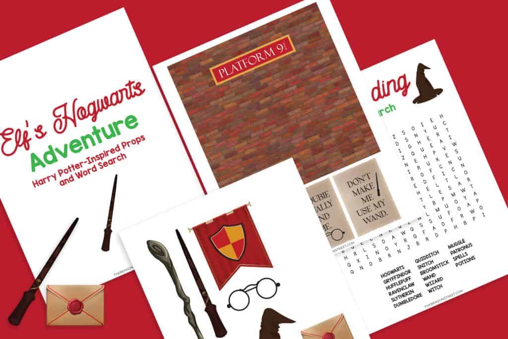 Flat lay of all the printable pages of elf-sized harry potter elf on the shelf props with some ideas cut out on top.