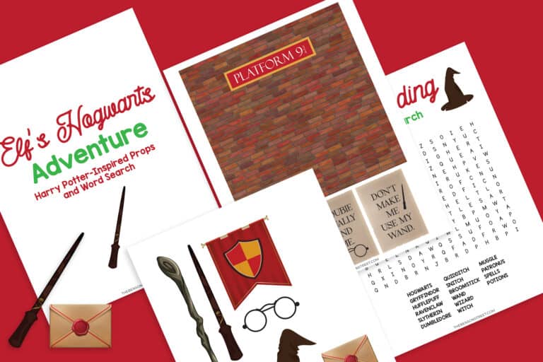 Flat lay of all the printable pages of elf-sized harry potter elf on the shelf props with some ideas cut out on top.