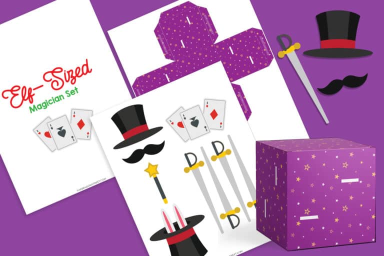 Elf-Sized Magician Set Flat Lay of printable pages with some prop examples cut out and assembled next to pages
