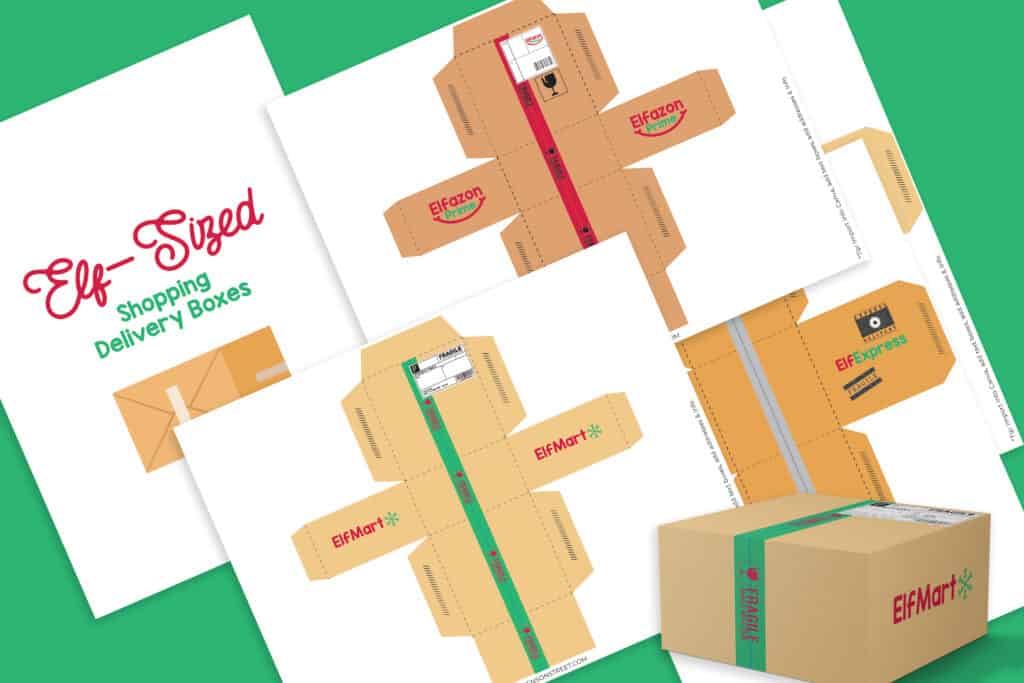 Flat Lay of Elf Sized Shopping Delivery Boxes for Elves on the Shelves