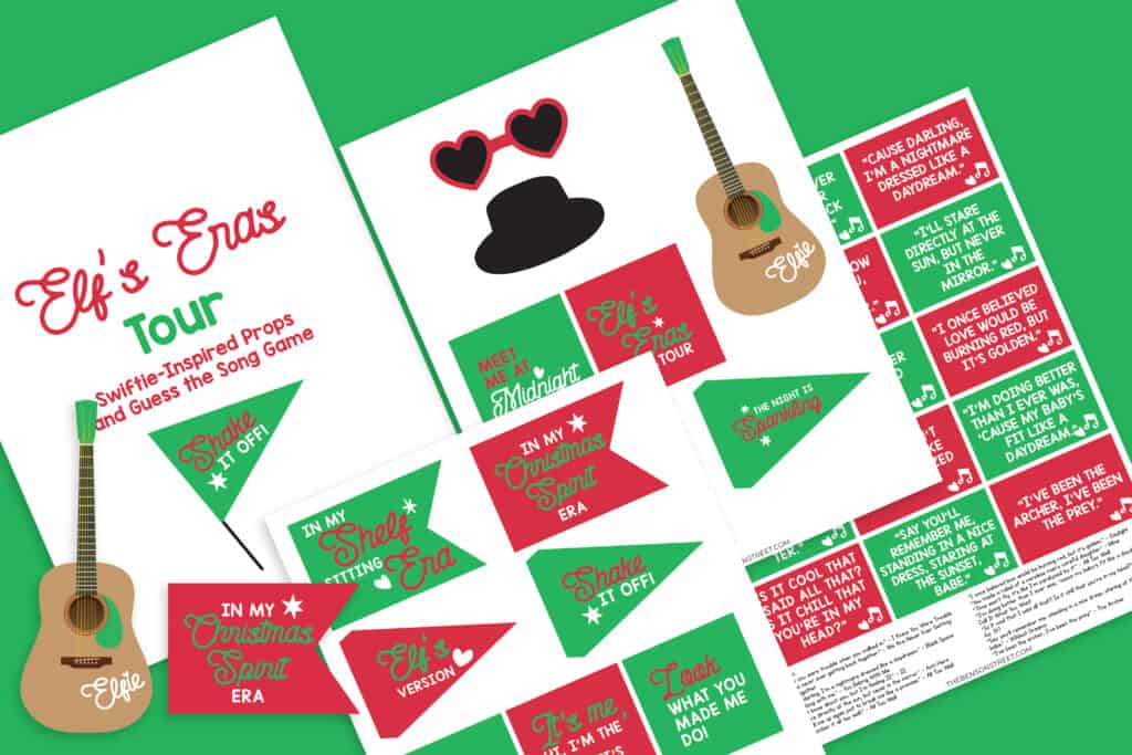 Flat lay of all printables and games included in the Elf Sized Swiftie Eras Tour Props on a green background
