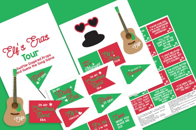Flat lay of all printables and games included in the Elf Sized Swiftie Eras Tour Props on a green background