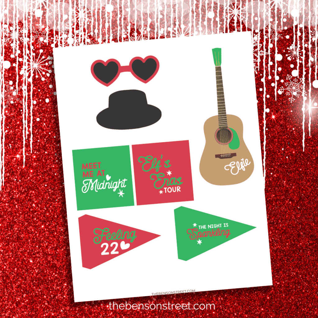 Elf on the Shelf Sized Taylor Swift Props including flags, a guitar, heart glasses, and a game