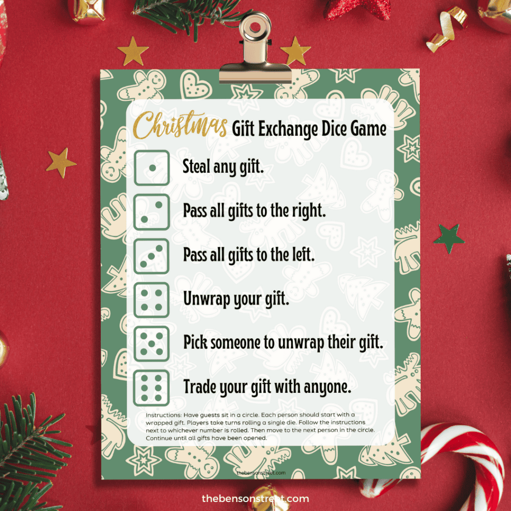 Free Christmas Gift Exchange Dice Game Printable on a clipboard