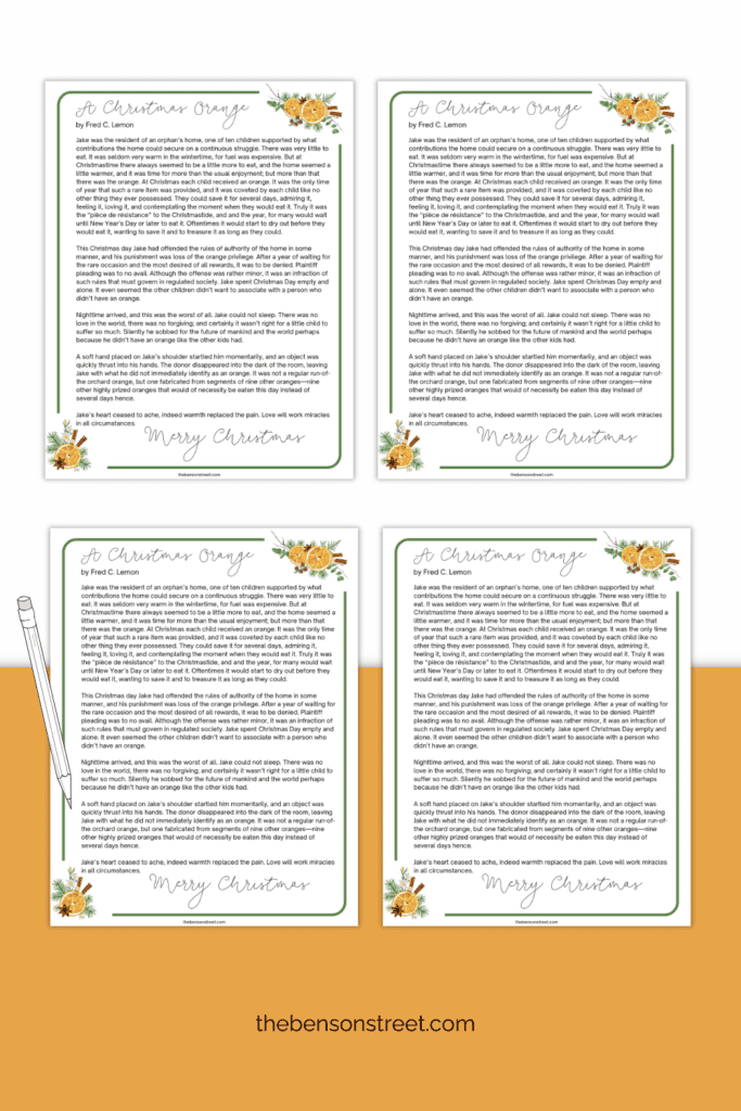 Free Christmas Oranges Printable Story four sheets on a flat lay