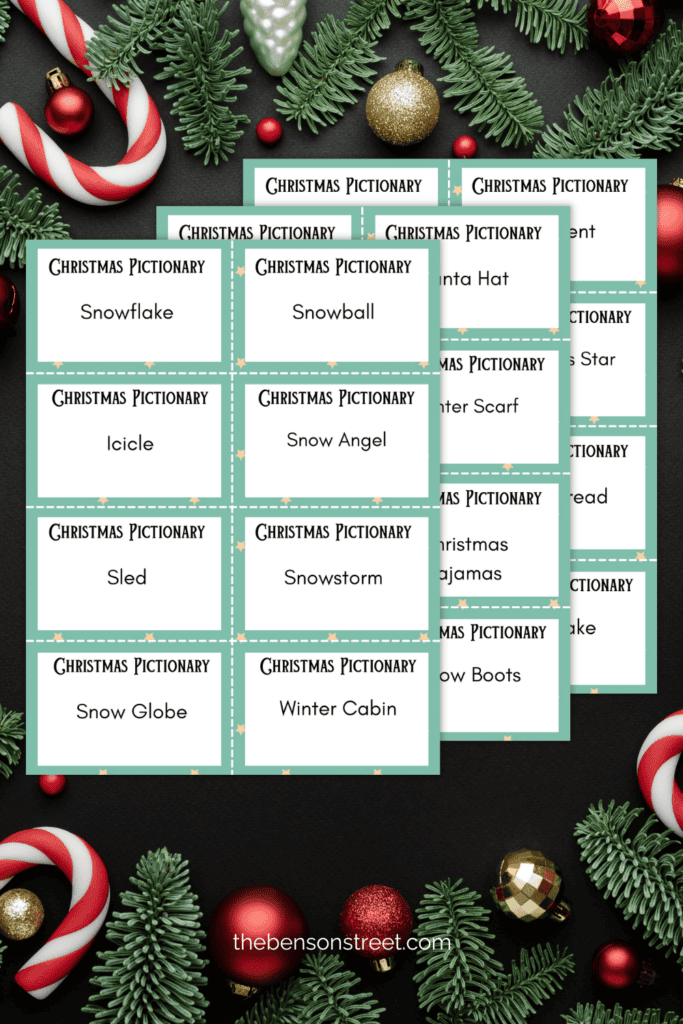 Free Christmas Pictionary Cards for game play. Free Printable with rules and blank cards