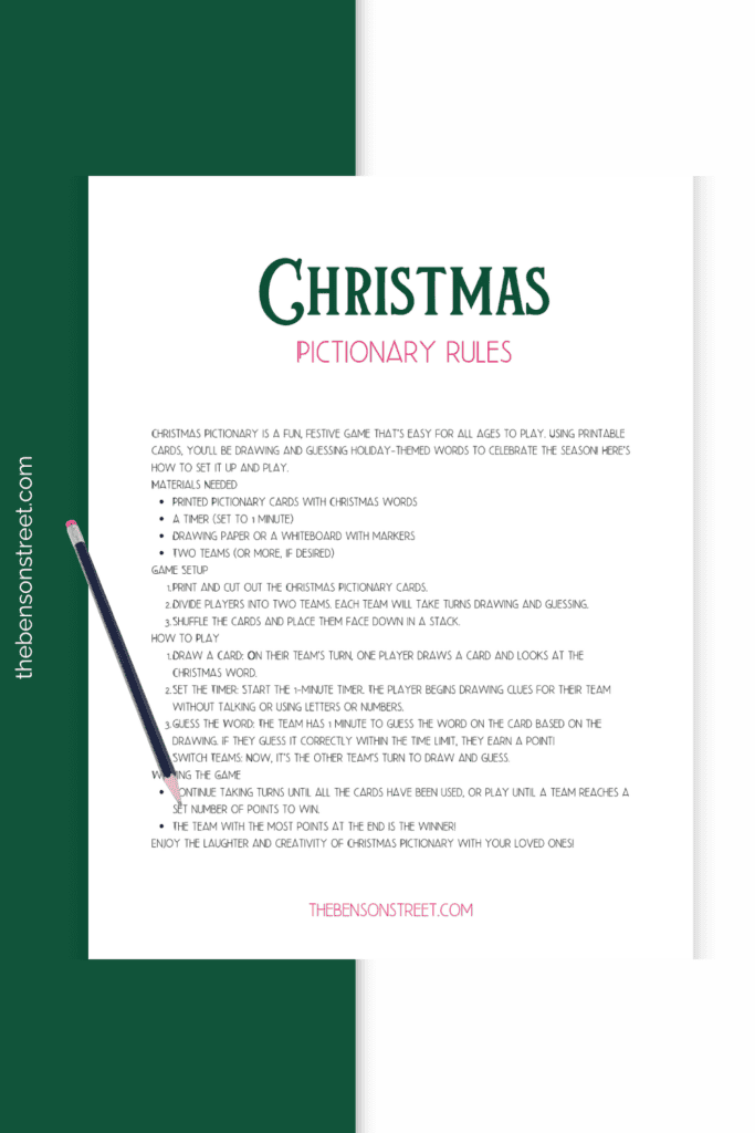 Free Christmas Pictionary Game with rules and instructions and printable cards for playing at holiday parties