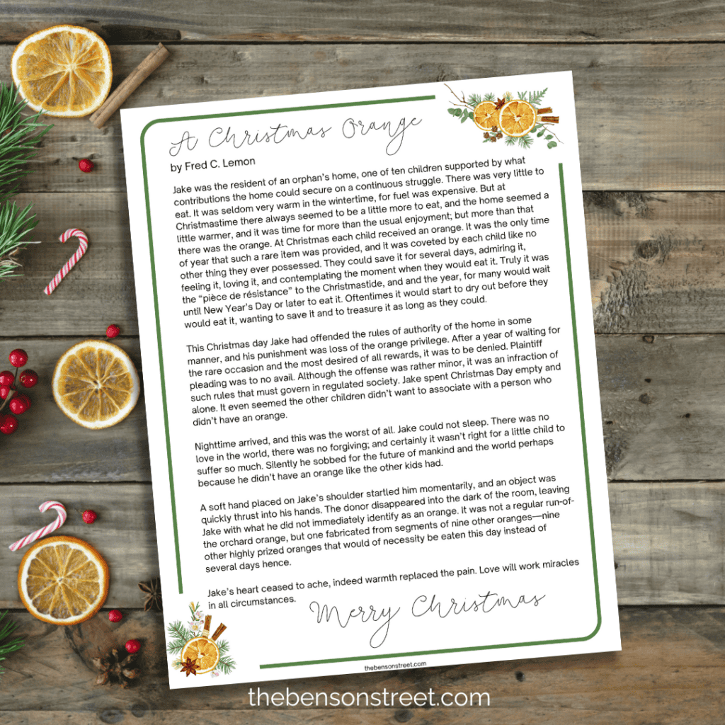 Free Printable Christmas Story to go with Oranges. A Christmas Orange Story