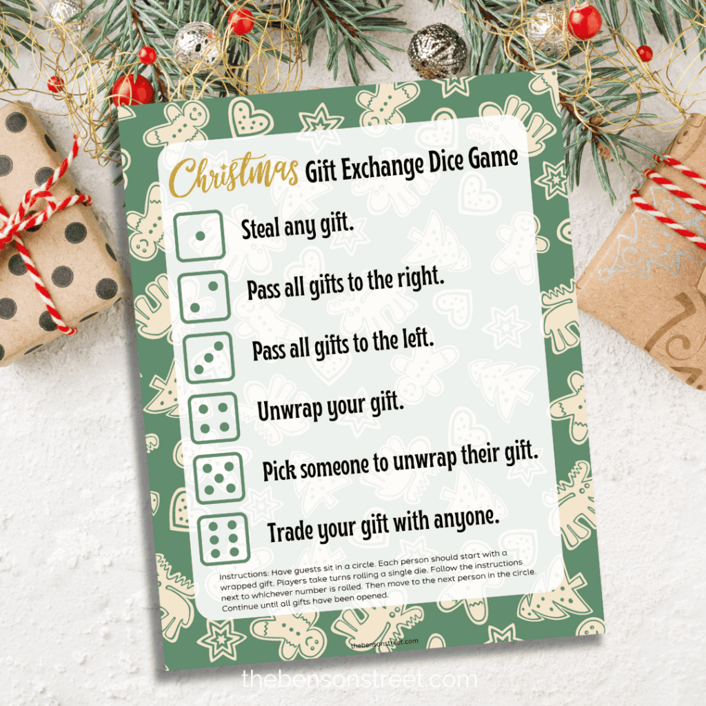Free Printable Christmas gift exchange dice game for White Elephant gift exchanges