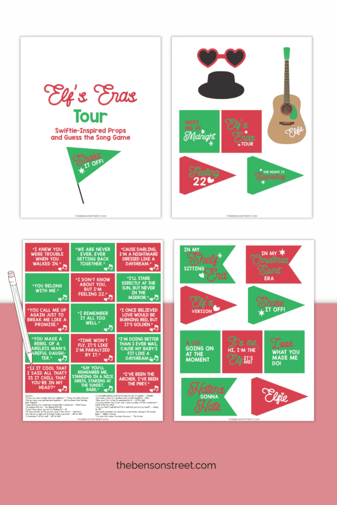 Free Printable Elf Eras tour Props for Elf on the Shelf and Taylor Swift Song Guessing Game
