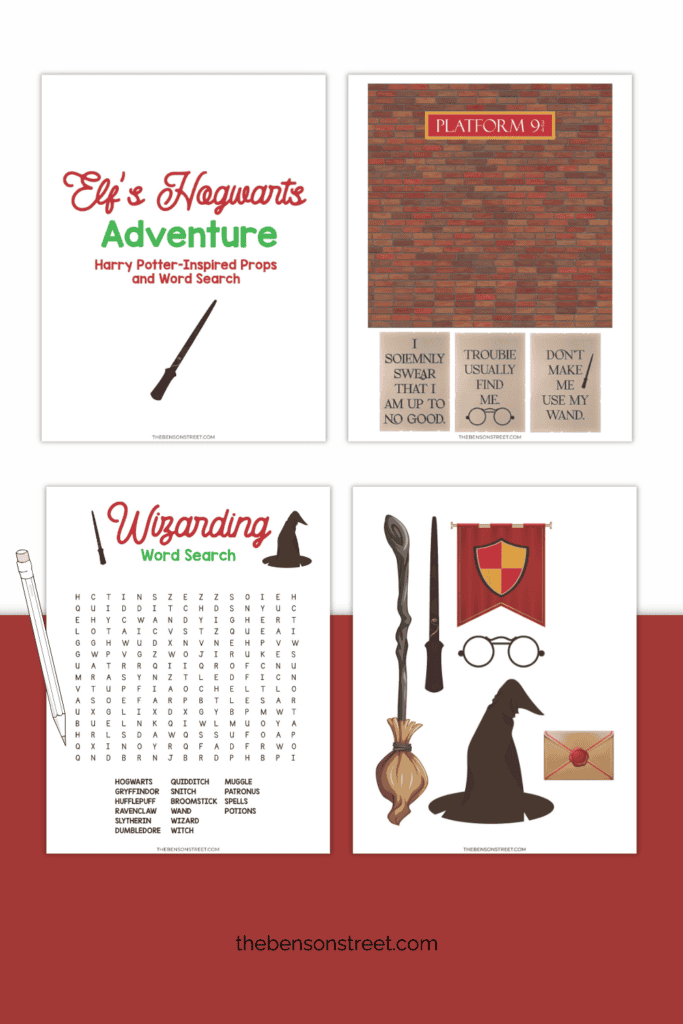 Free Printable Harry Potter Hogwarts Adventure Elf on the Shelf Props including a wand, hat, word search, and more