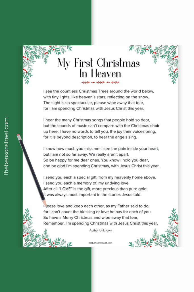 Free Printable Poem with pencil on top for Christmas for those who have lost someone close to them