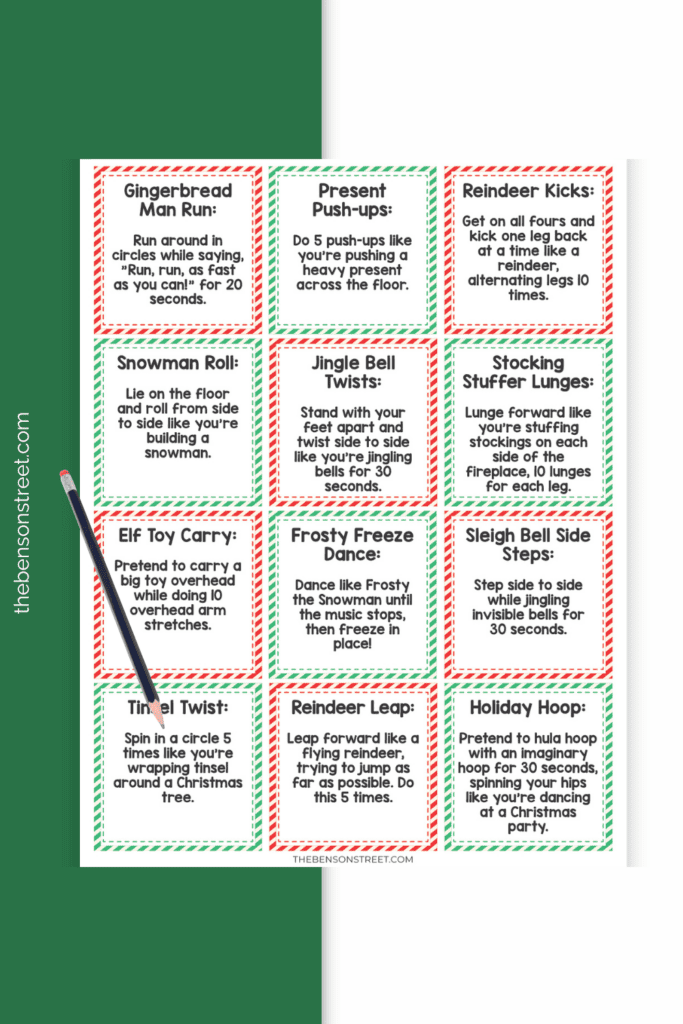 Fun Elf Christmas Themed Exercise Challenge Cards to print