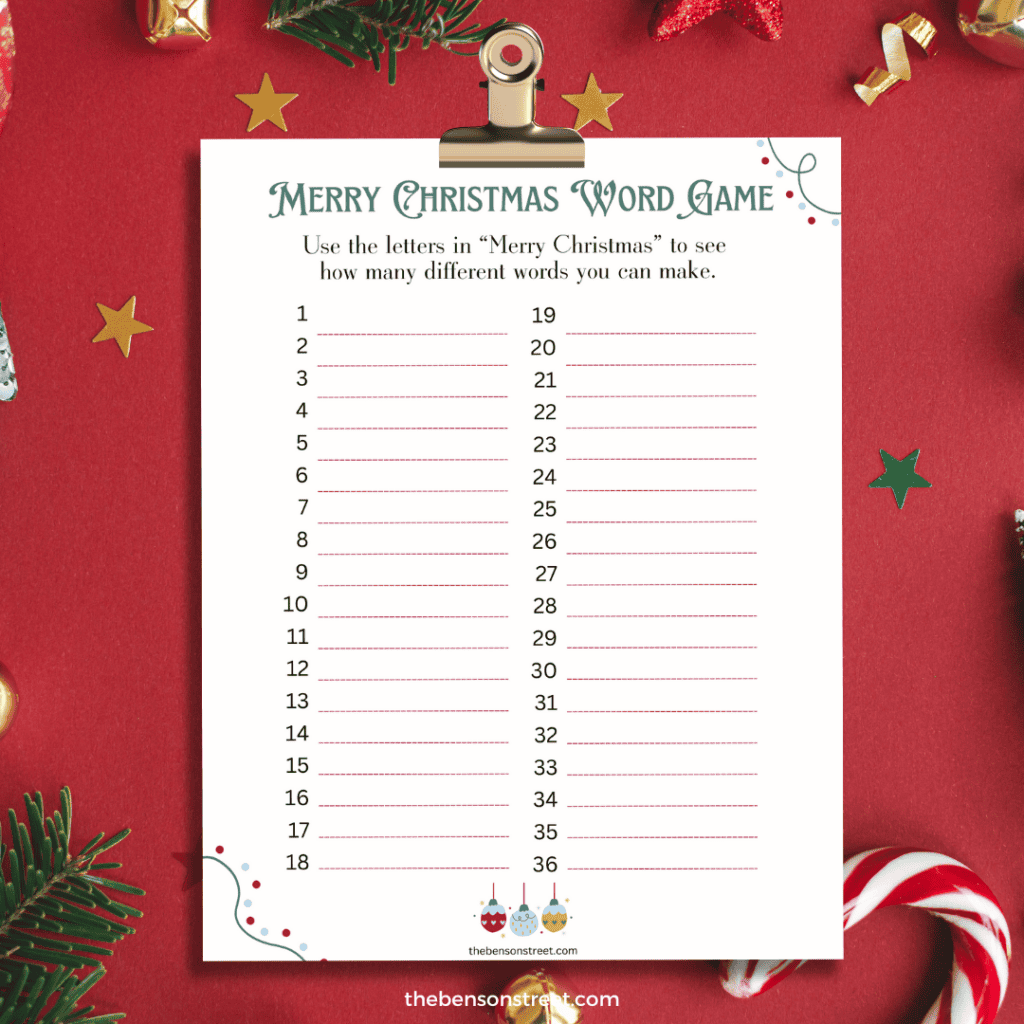 Merry Christmas Word Game using the letters from Merry Christmas