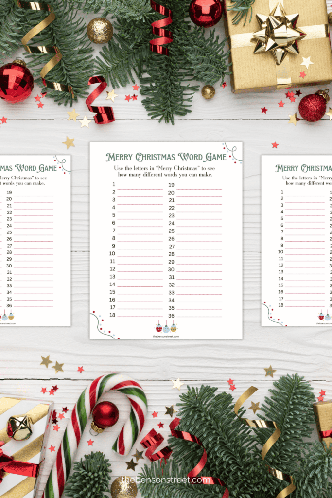 Merry Christmas word game for holiday parties. How many words can you make out of Merry Christmas