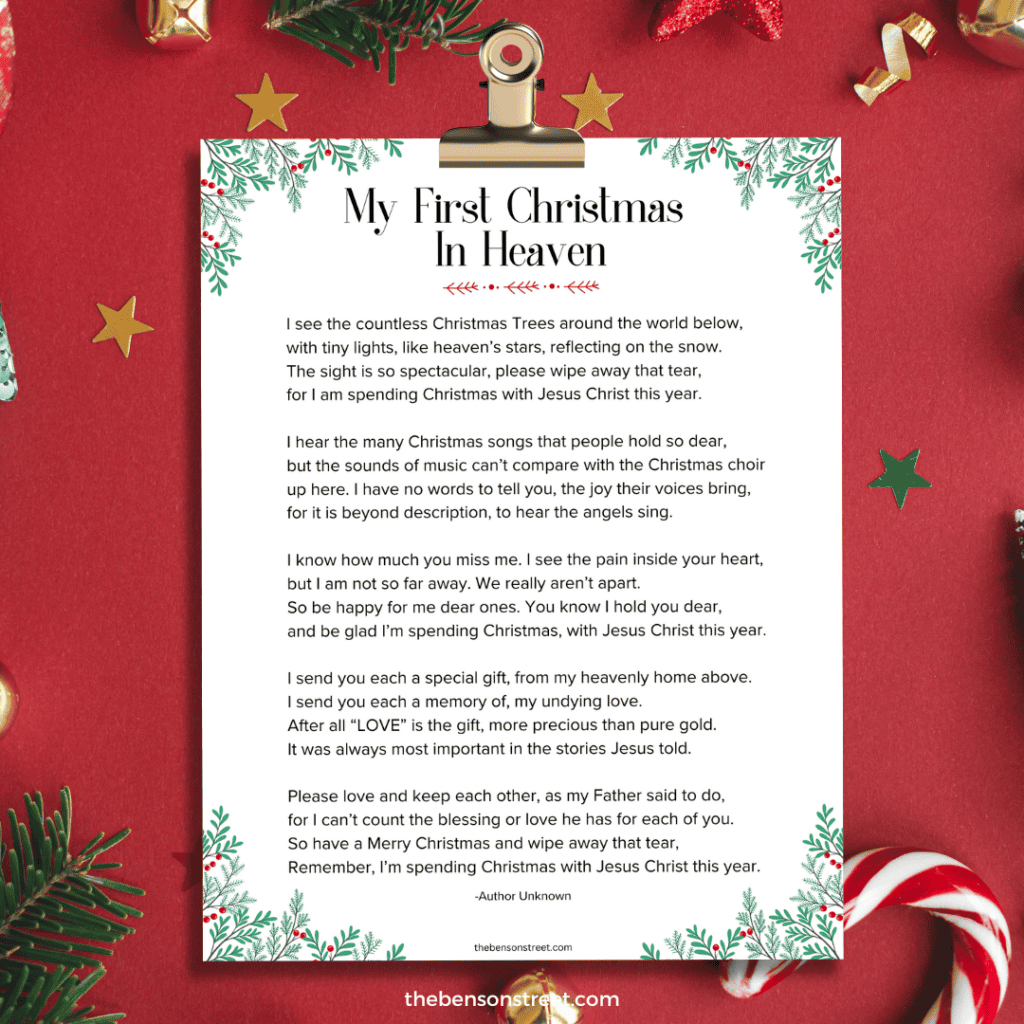 Clipboard featuring a Christmas poem about celebrating Christmas in Heaven.