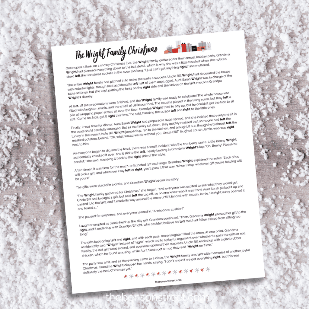 Print off this Christmas gift exchange story of the wright family Christmas