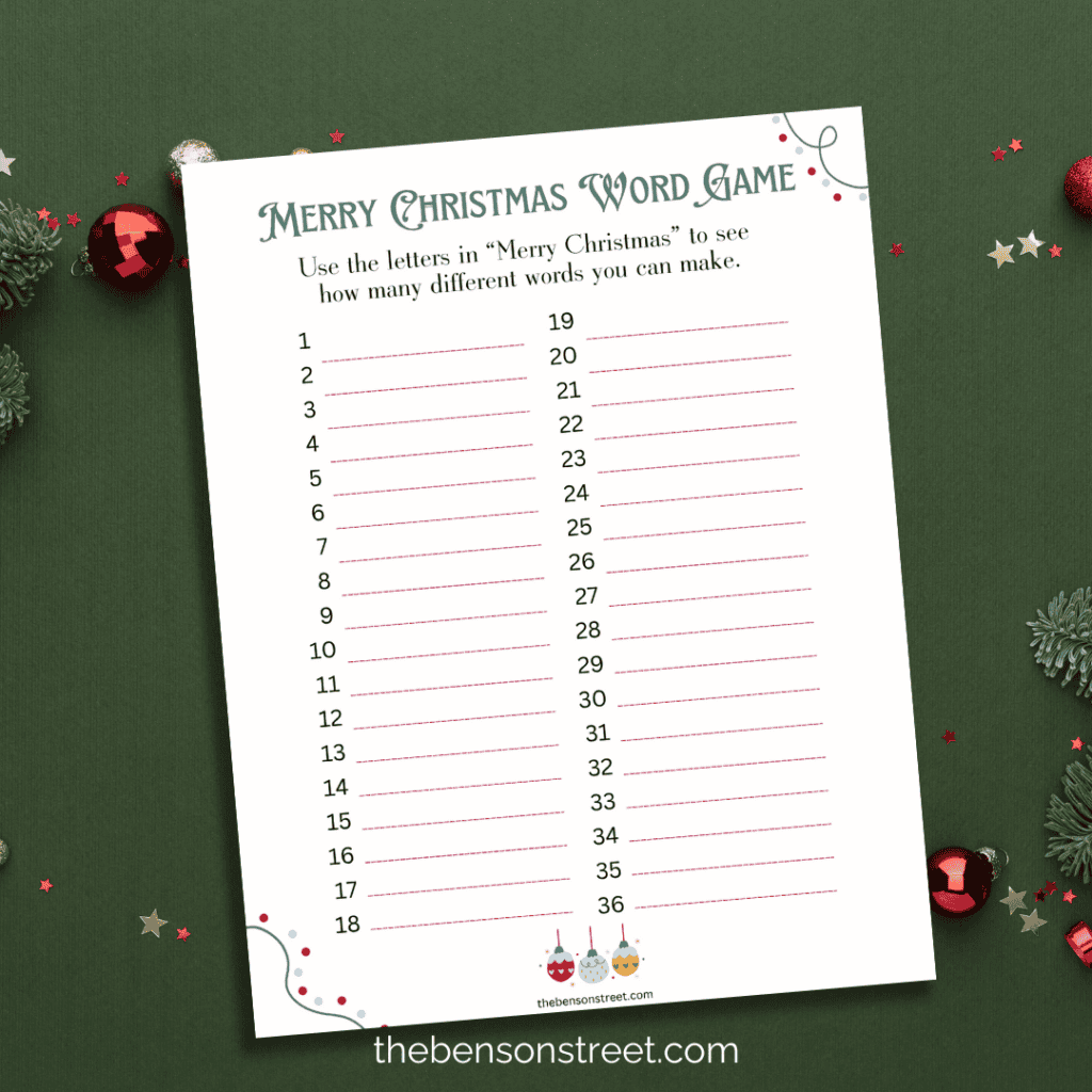 Print off this Christmas word game to see how many words you can make out of the phrase Merry Christmas
