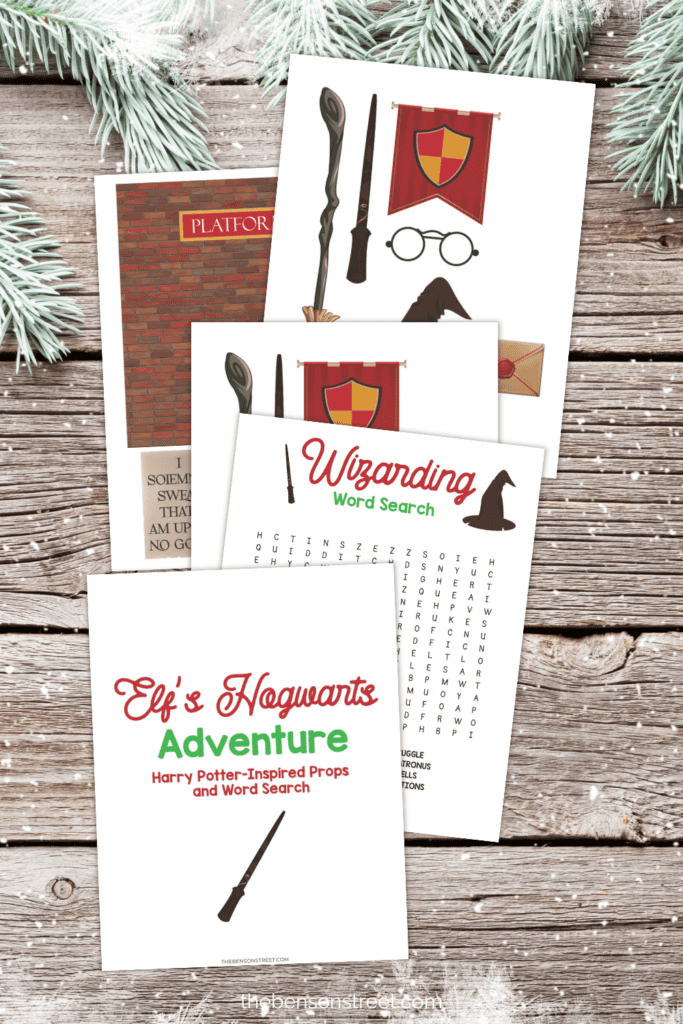 Printable Harry Potter Hogwarts Adventure Elf on the Shelf Props including a wand, hat, word search, and more