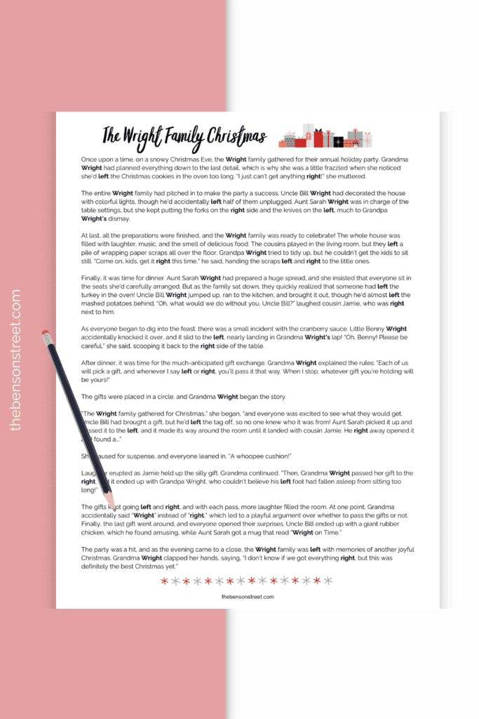 Simple to use Free Printable The Wright Family Christmas Story for passing gifts left and right