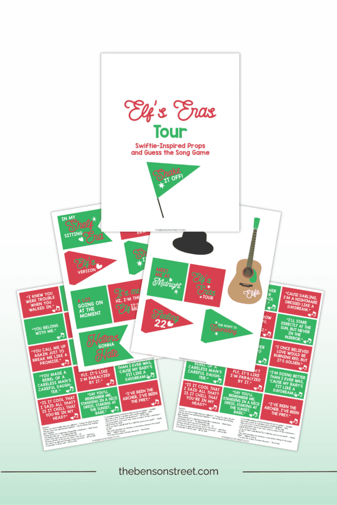 Take your elf on the shelf to the eras tour with these printable elf props and a bonus Taylor Swift Guess the Song game