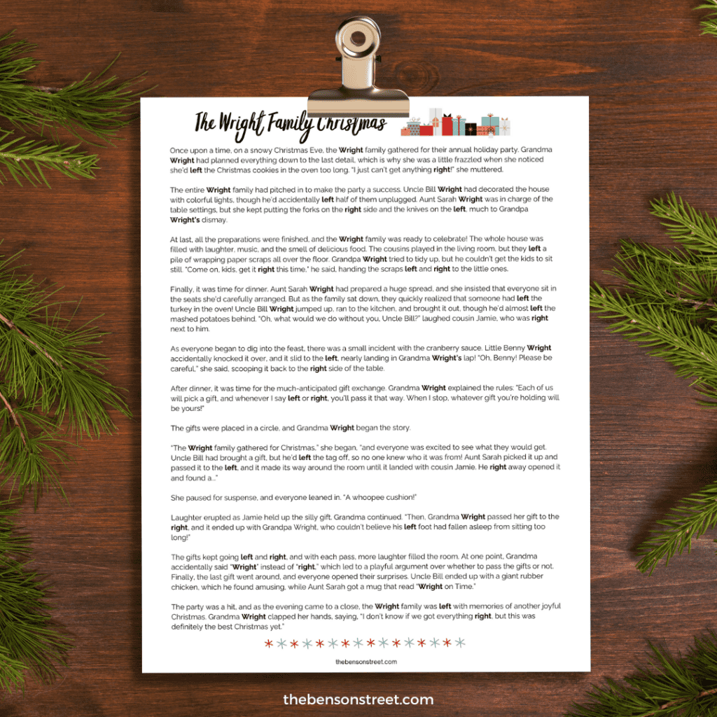 Cute Christmas story for gift exchanges. The Wright Family Christmas Left Right Story for white elephant gift exchanges