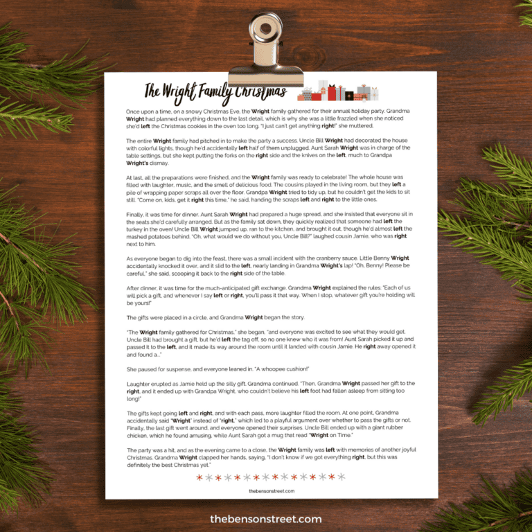 Cute Christmas story for gift exchanges. The Wright Family Christmas Left Right Story for white elephant gift exchanges