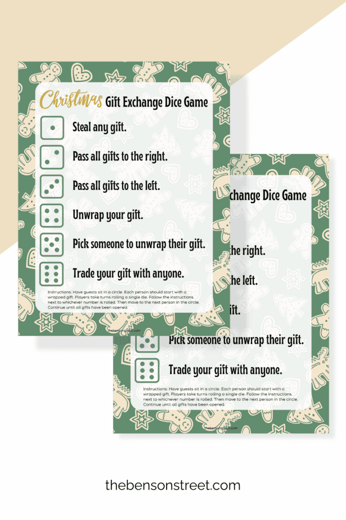 White elephant Free Christmas Gift Exchange Dice Game printable