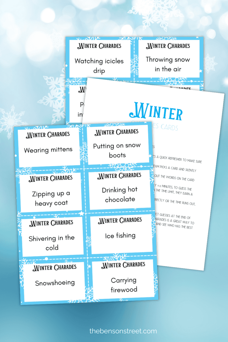 Charades Cards with winter themed clues for playing charades with a free printable