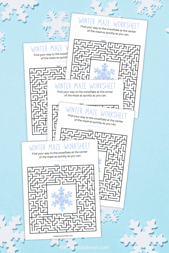 Find the snowflake at the center of a maze worksheet