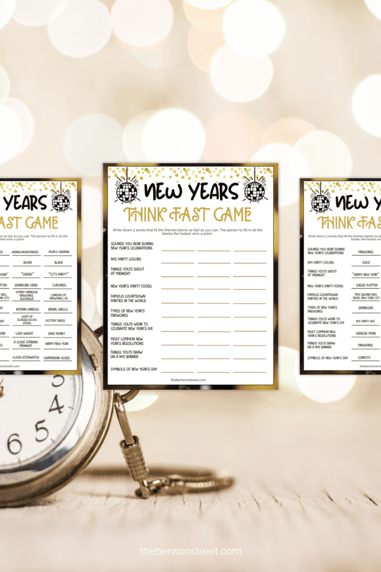 Free Printable New Year's Think Fast Game to play at New Year's Eve Parties