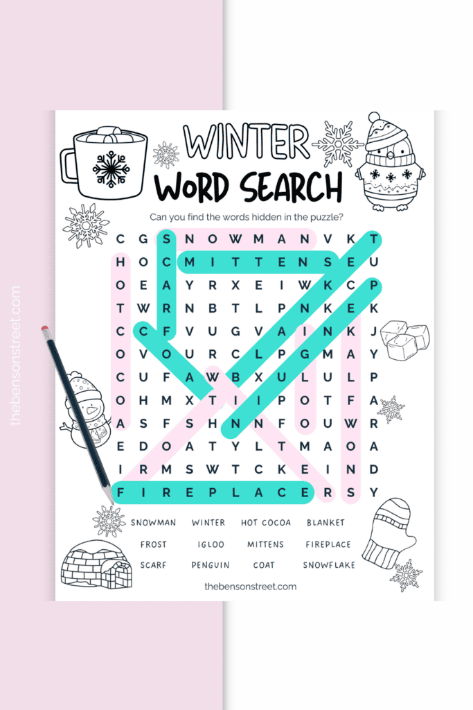 Free Printable Winter Themed Word Search for kids with coloring and answer key