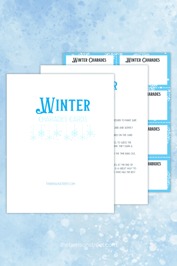 Free Printable winter themed charades cards with instructions, blank cards and a bunch of clues to act out