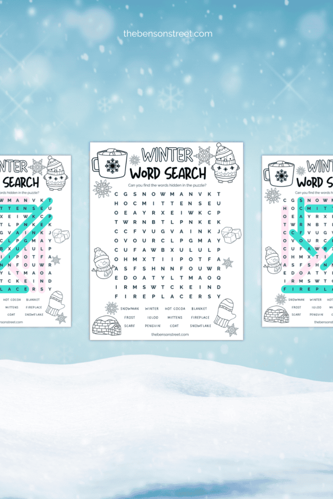 Free Winter Word Search with coloring elements printable