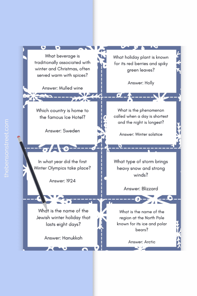 Fun Game Idea for winter! Printable Free Winter Trivia and Answer Cards for a winter trivia game