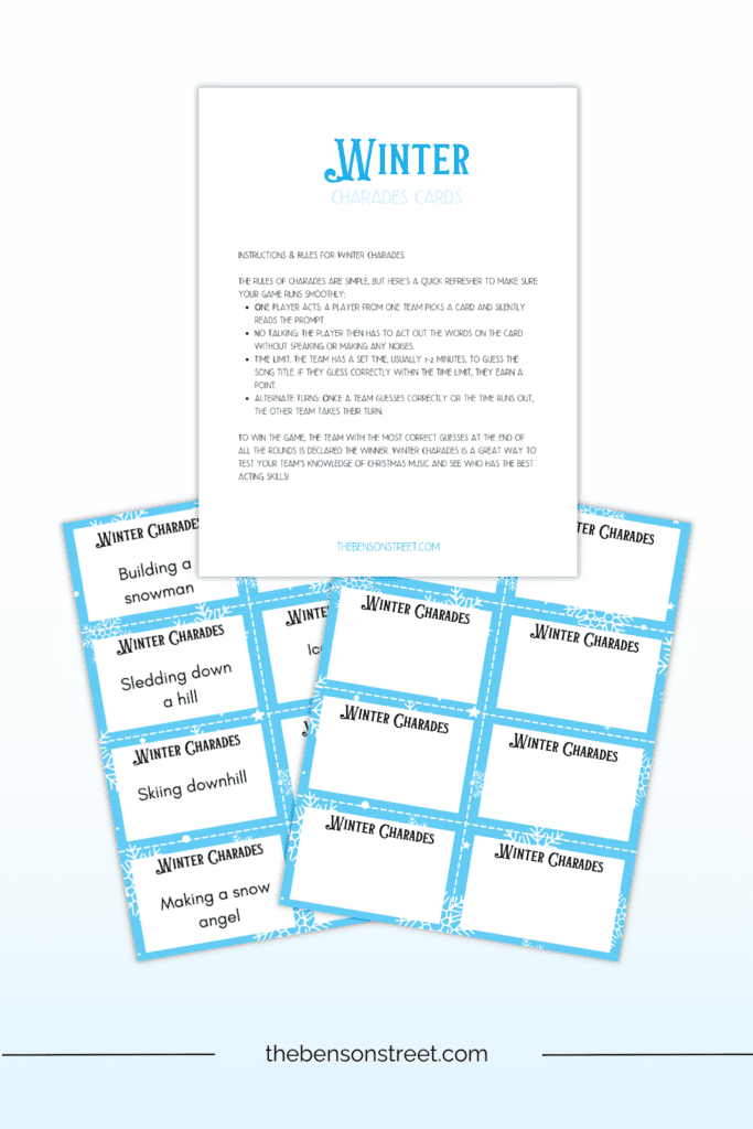 Great free printable winter game with charades clue cards and instructions