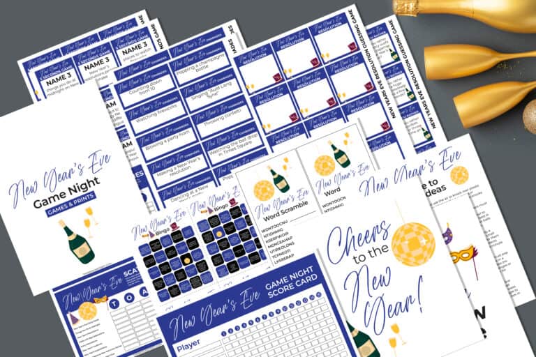 Flat Lay of New Year's Eve Themed printable game night games