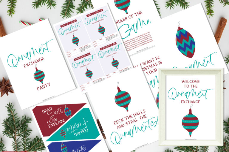 Flat lay of printed out pages for an ornament exchange party