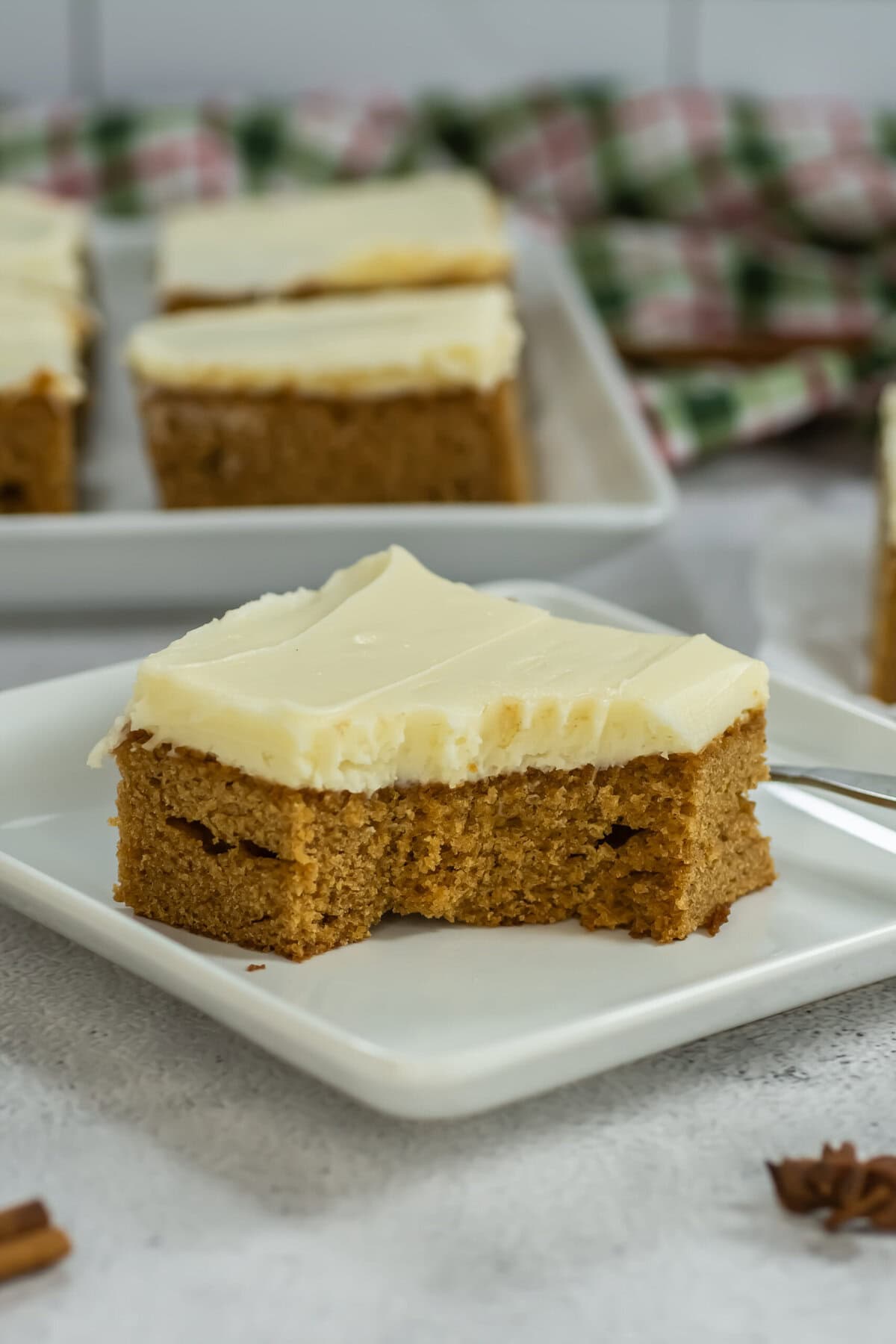 Plate of a slice of sheet cake gingerbread cake