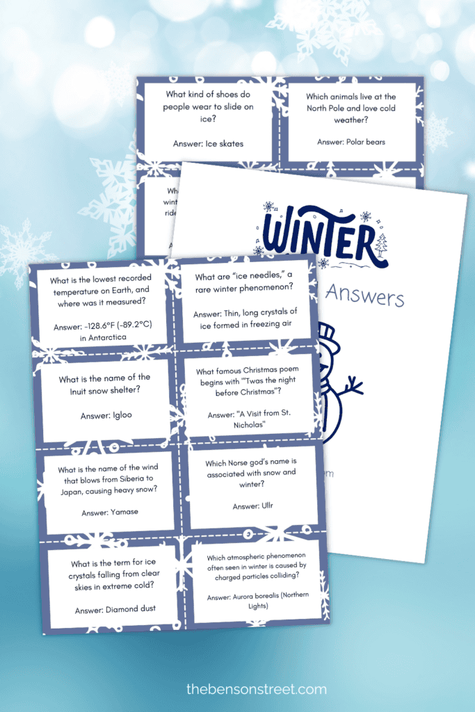 Printable Free Winter Trivia and Answer Cards for a winter trivia game