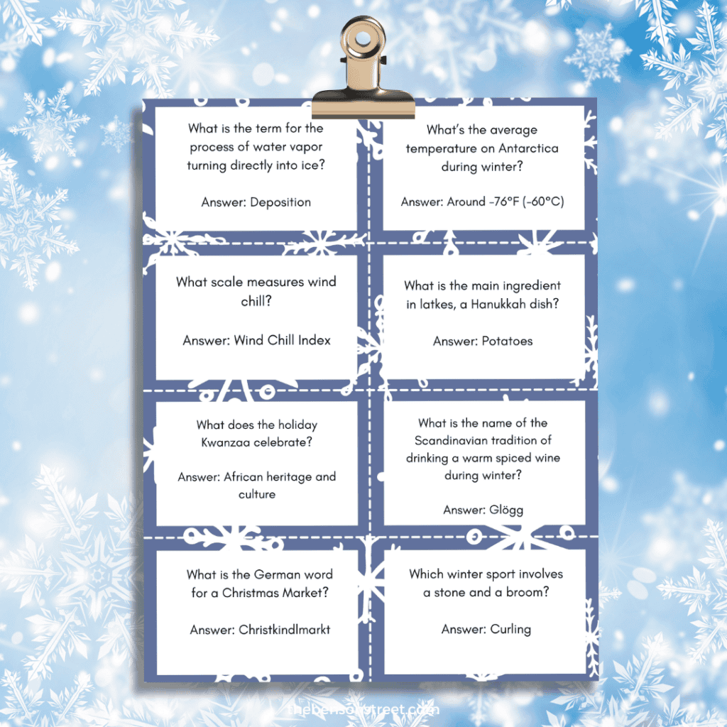 Printable Winter Trivia Cards with answer key